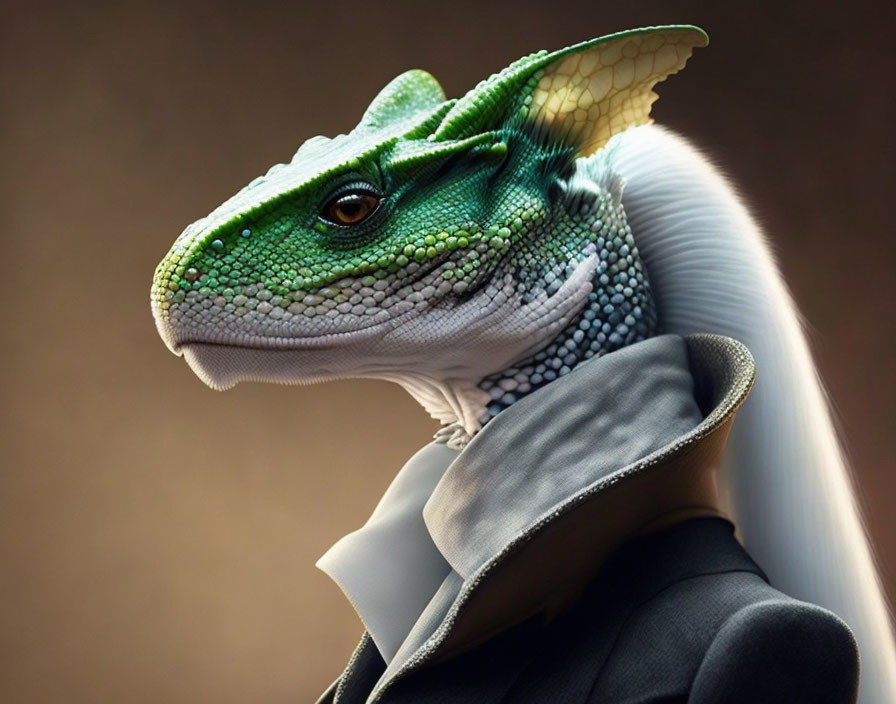 Green-scaled humanoid lizard character in white collar and jacket portraying regal intelligence.