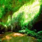 Verdant cave entrance with lush greenery and soft light