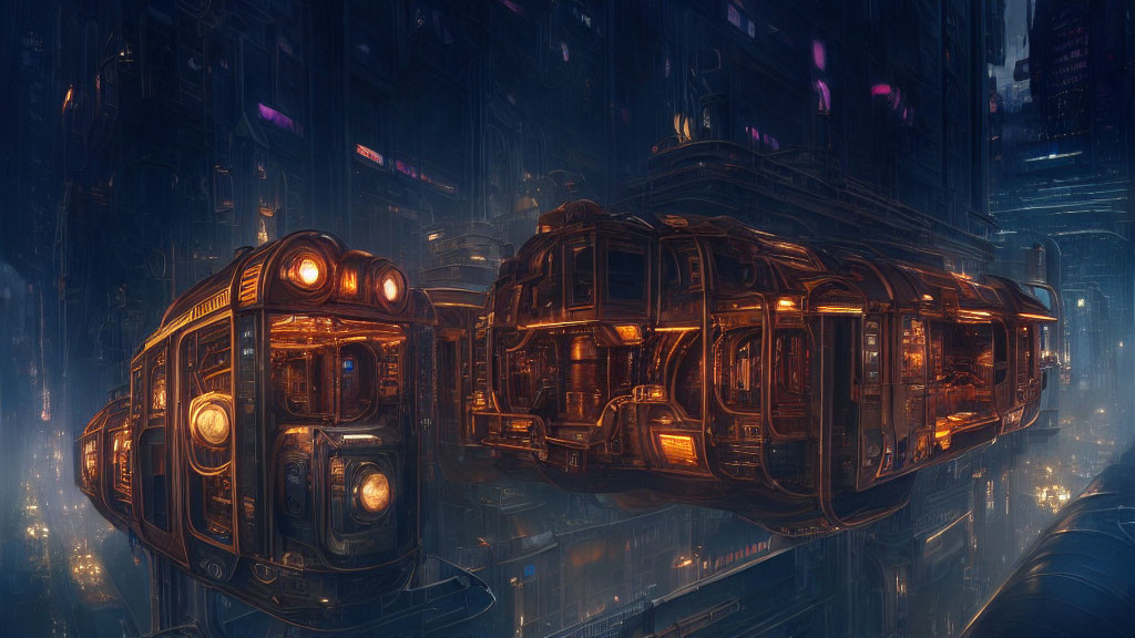 Futuristic flying vehicles in sci-fi cityscape at night