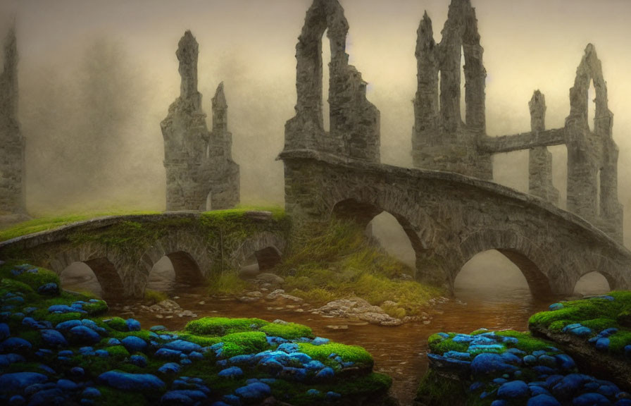Stone bridge with Gothic archways over mossy stream in mystical foggy setting