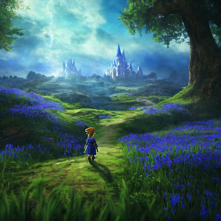 Child in Blue Outfit Amid Purple Flowers and Castle on Path