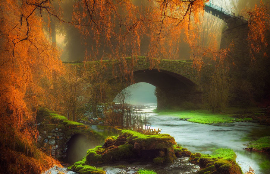 Stone bridge over misty river with weeping willows in autumn landscape