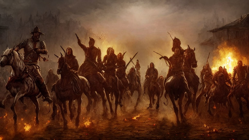 Medieval cavalry charging through fiery battlefield with swords and lances.