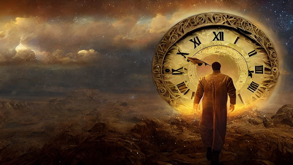 Person in coat points at XII on giant clock face in cosmic landscape