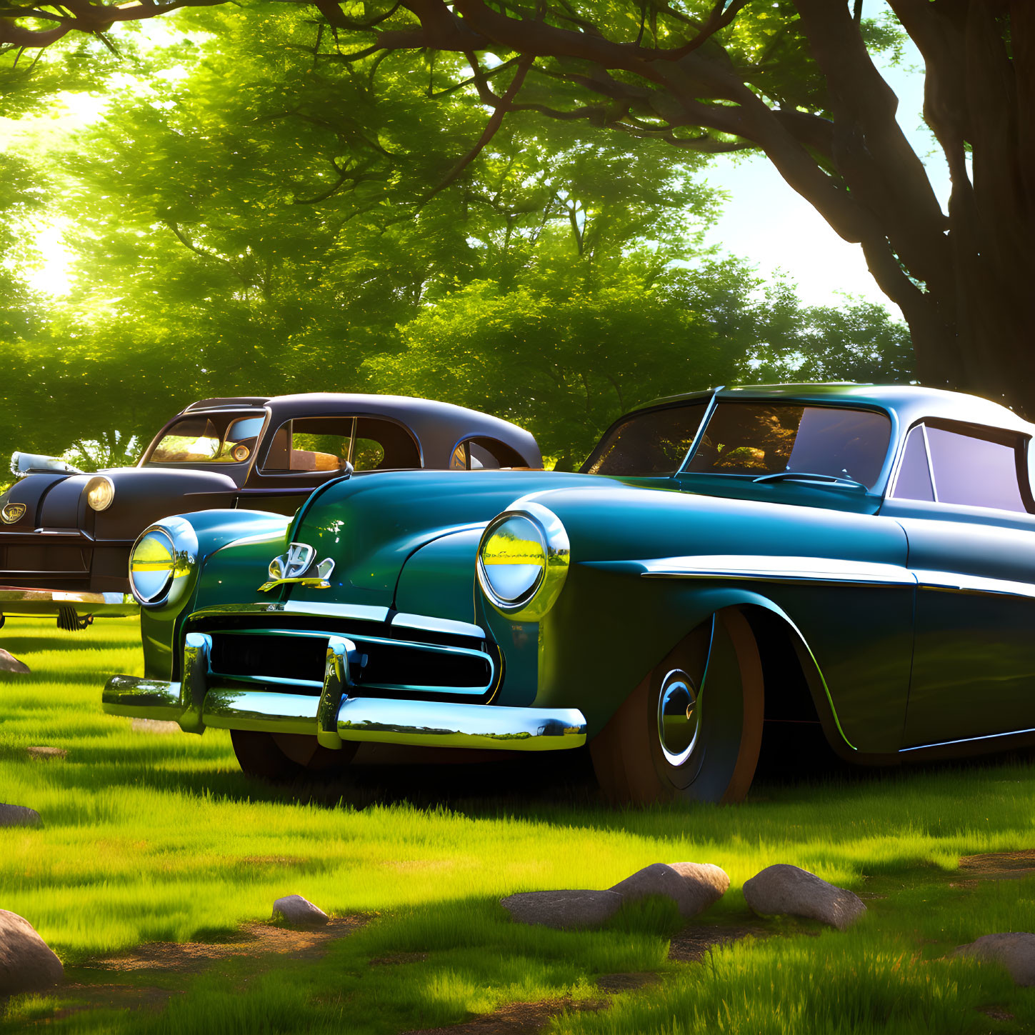 Classic Cars Parked in Forest Clearing Among Trees