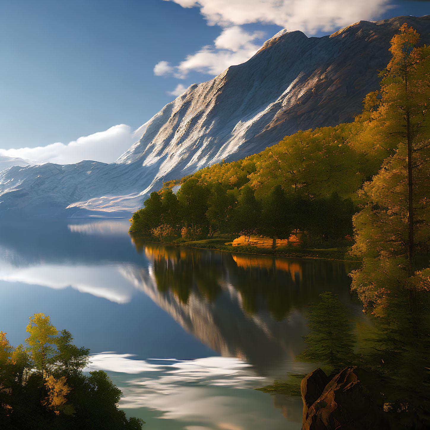 Serene Lake with Autumn Trees and Mountain Scene