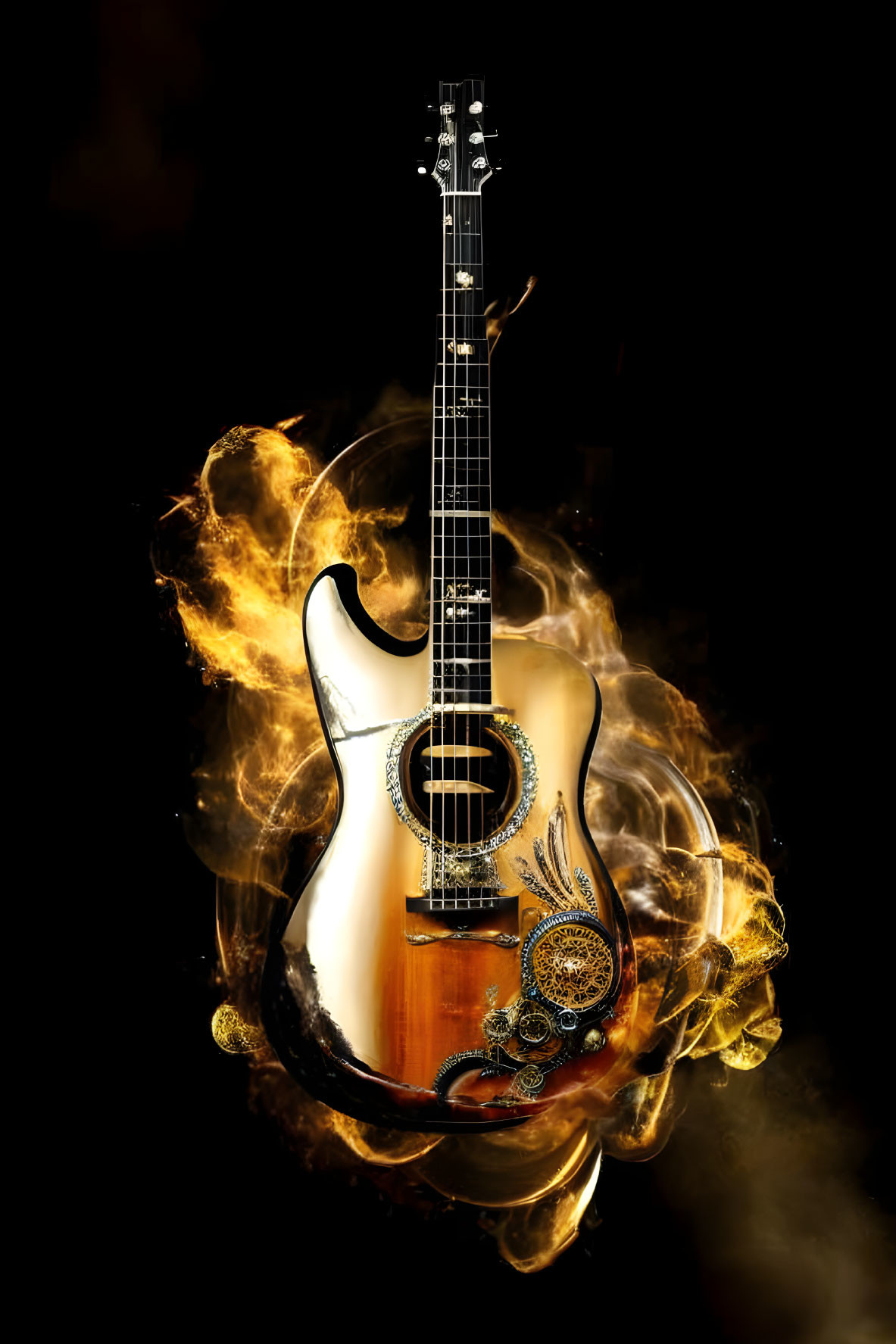 Flaming Acoustic Guitar on Black Background