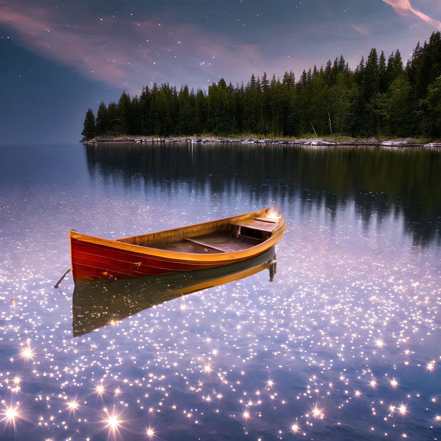Tranquil Night Scene: Wooden Boat on Calm Lake Amidst Starry Sky