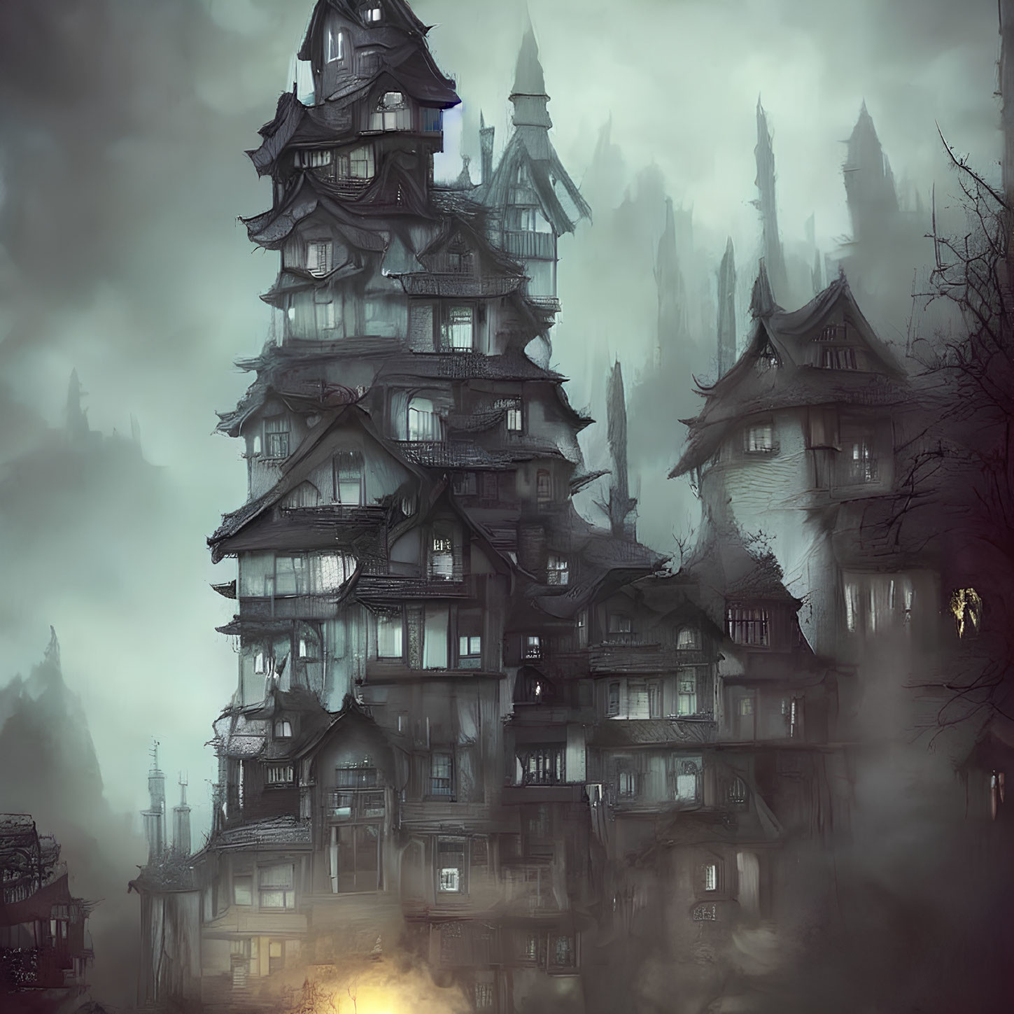 Enigmatic mist-covered fantasy pagoda with glowing window