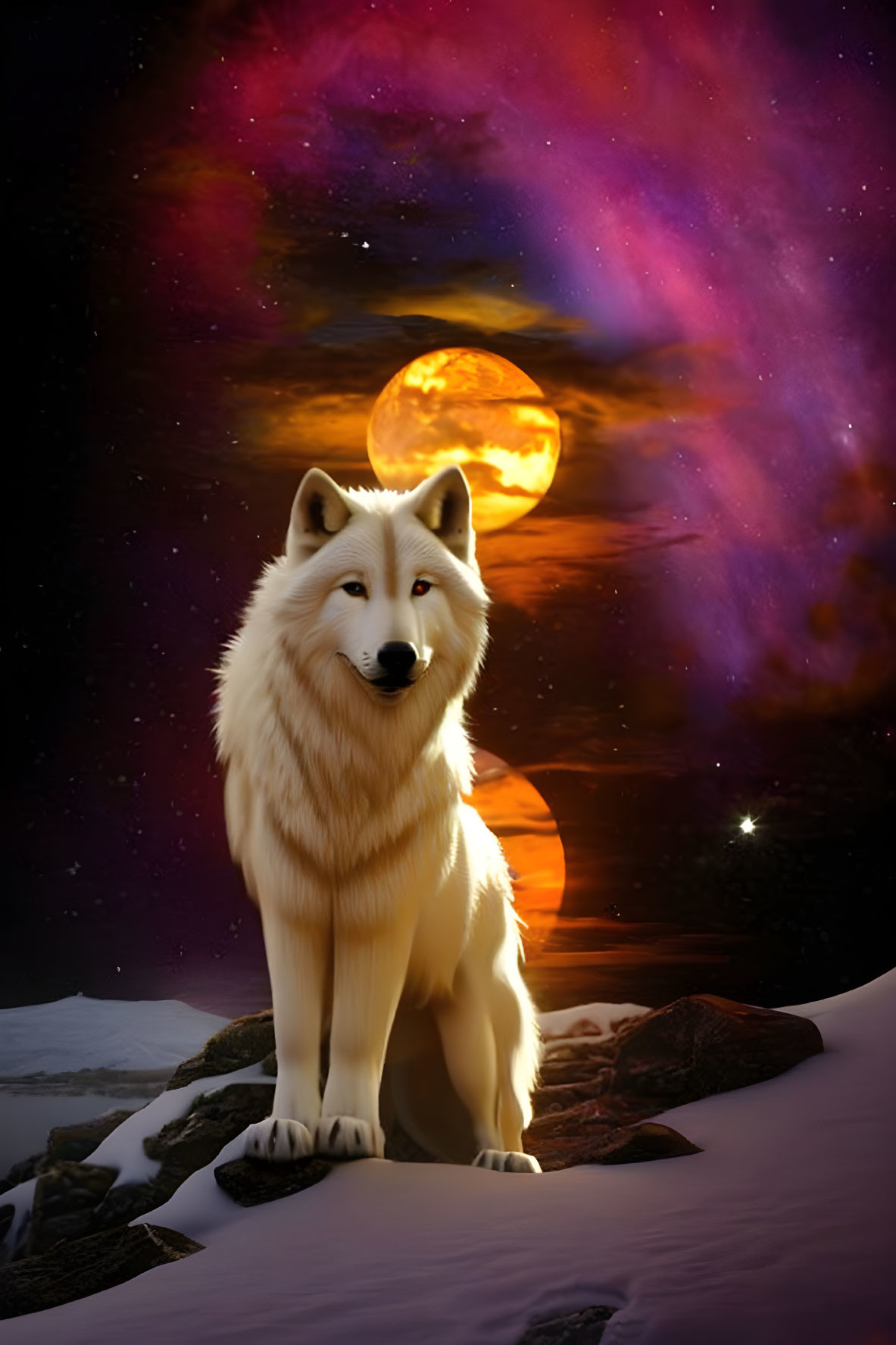 White Wolf in Snowy Landscape with Galaxy Background and Full Moon