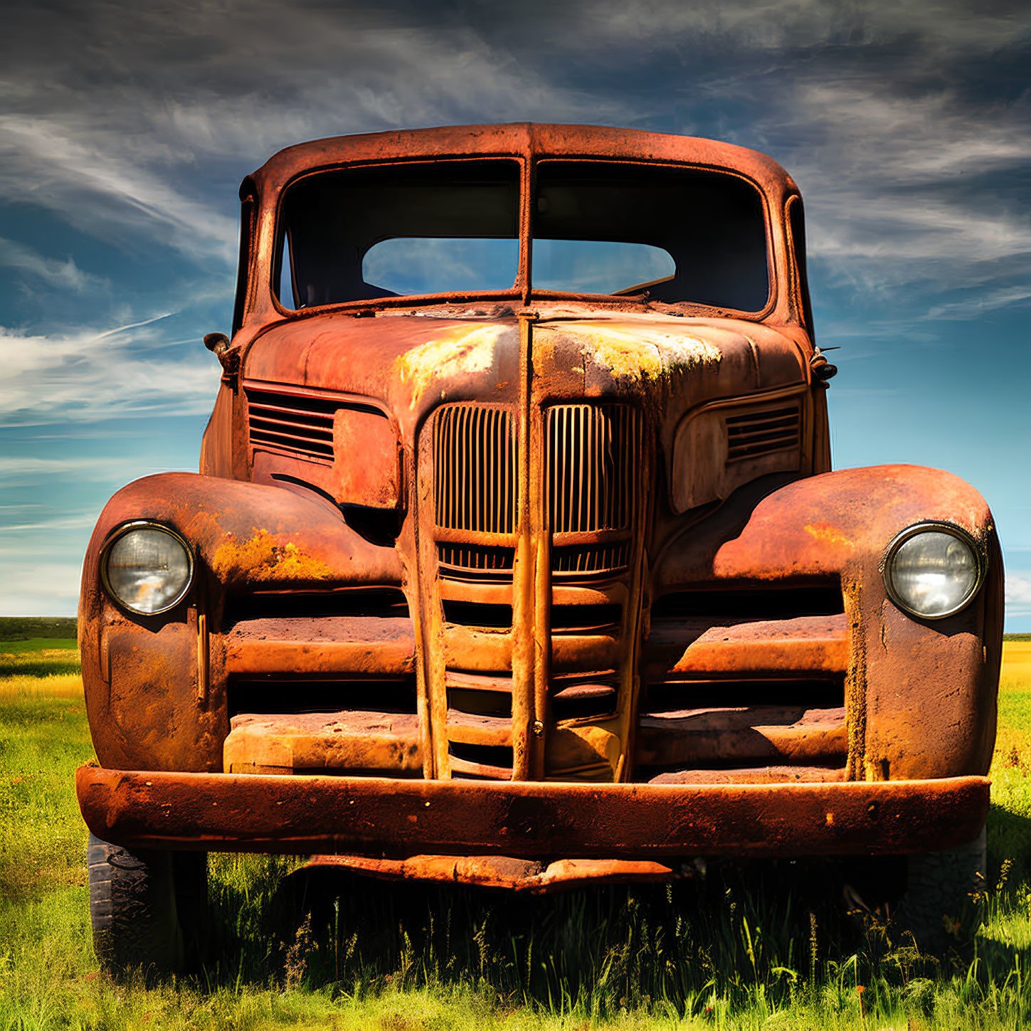 Rusted vintage truck in grassy field under blue sky