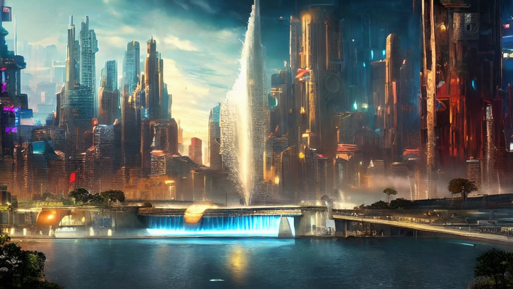 Futuristic cityscape with skyscrapers, neon lights, waterfall, and illuminated spire