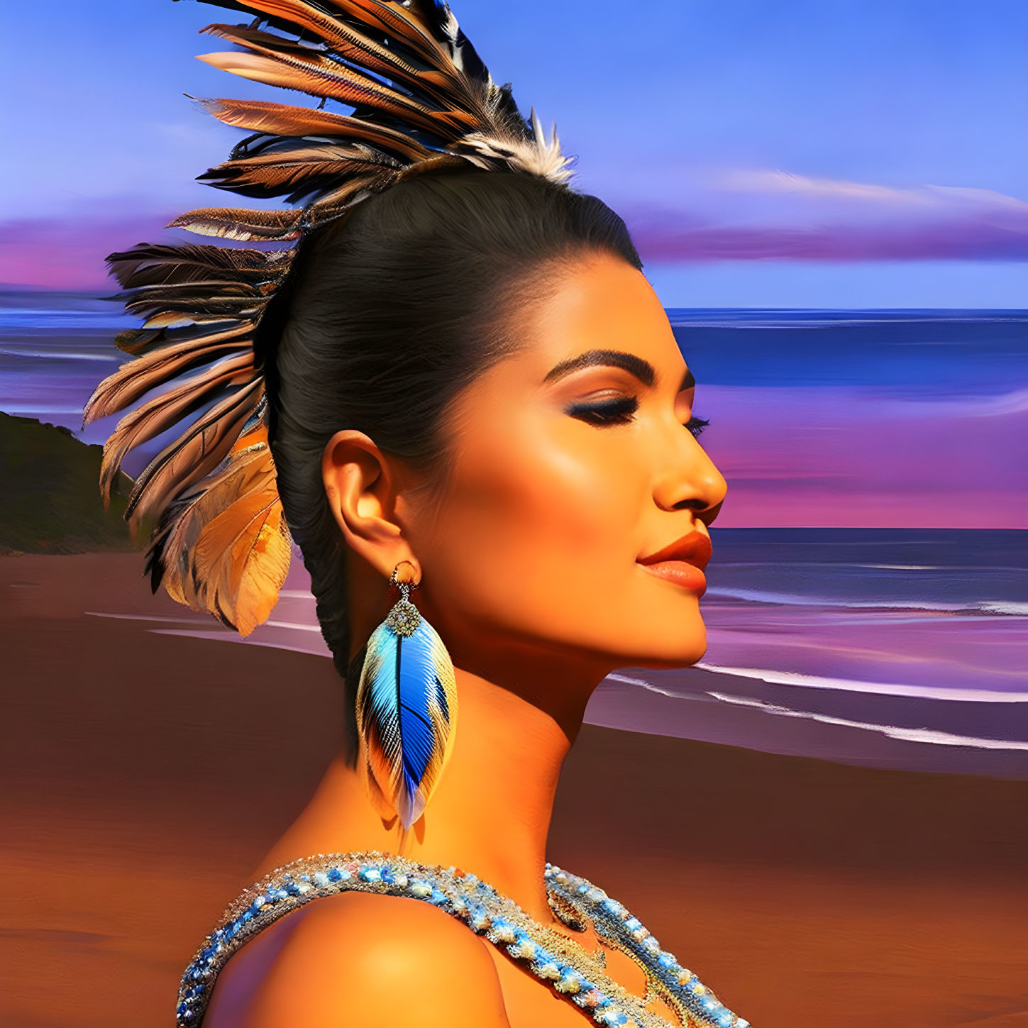 Digital Artwork: Woman in Feather Headdress, Blue Top, Earring, Beach Sunset