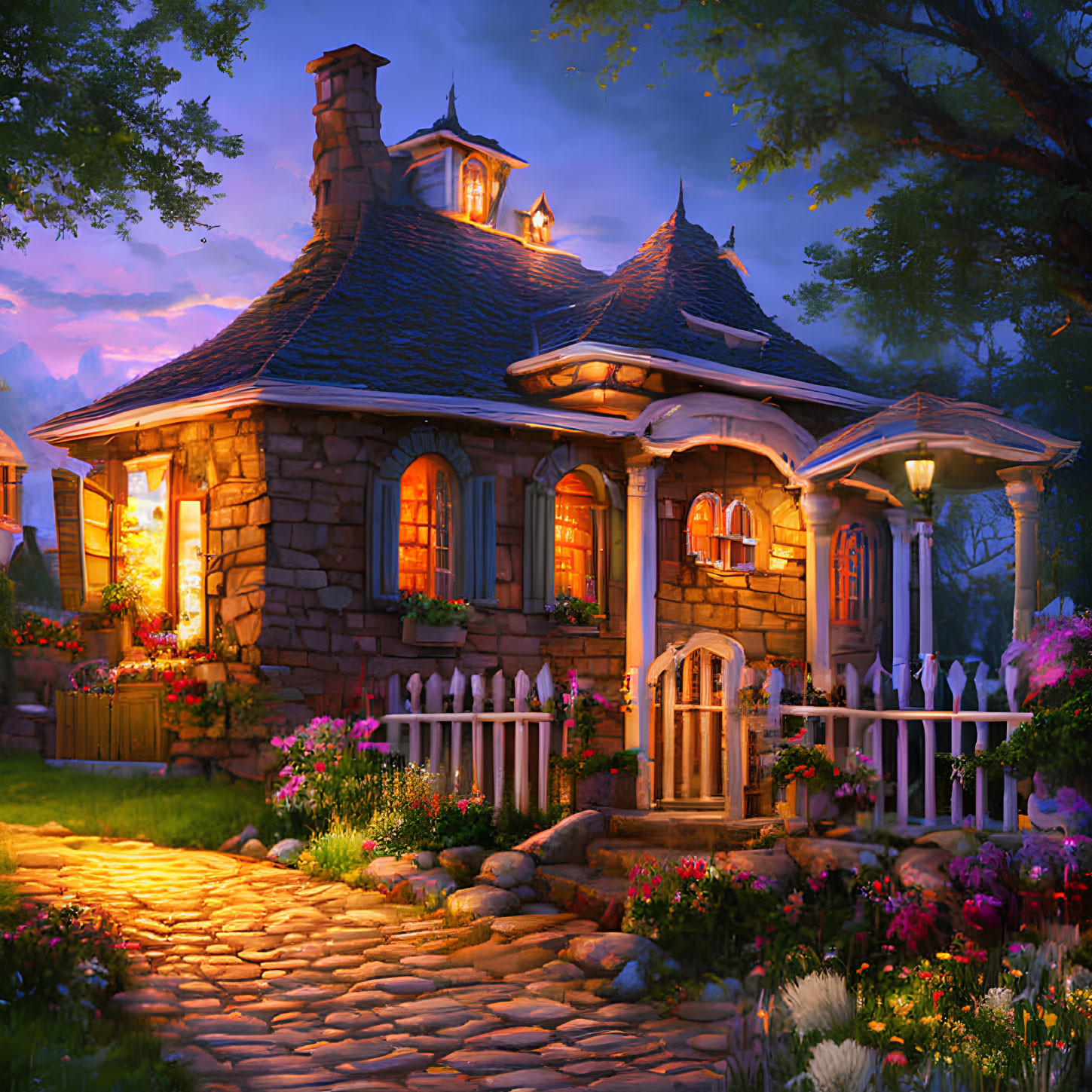 Stone cottage with glowing windows in twilight garden setting
