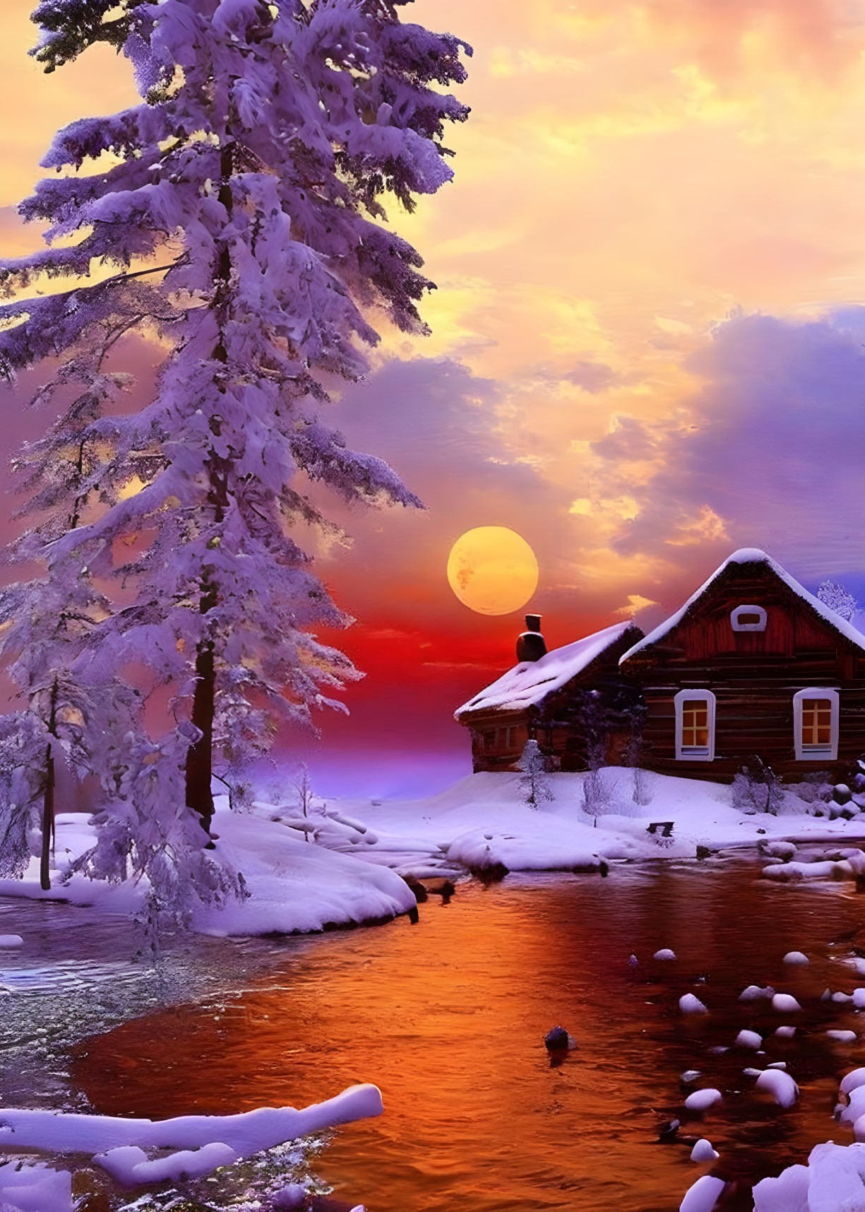 Snowy Sunset Landscape: Cabin, River, Snowy Trees, Full Moon