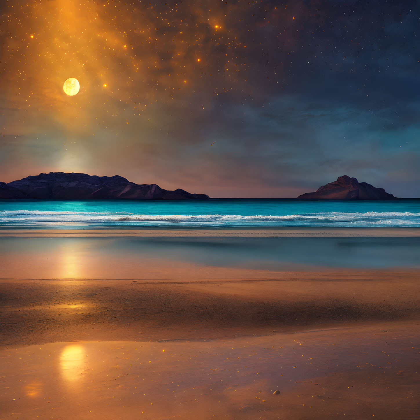 Twilight beach scene with glowing moon, stars, and distant mountains