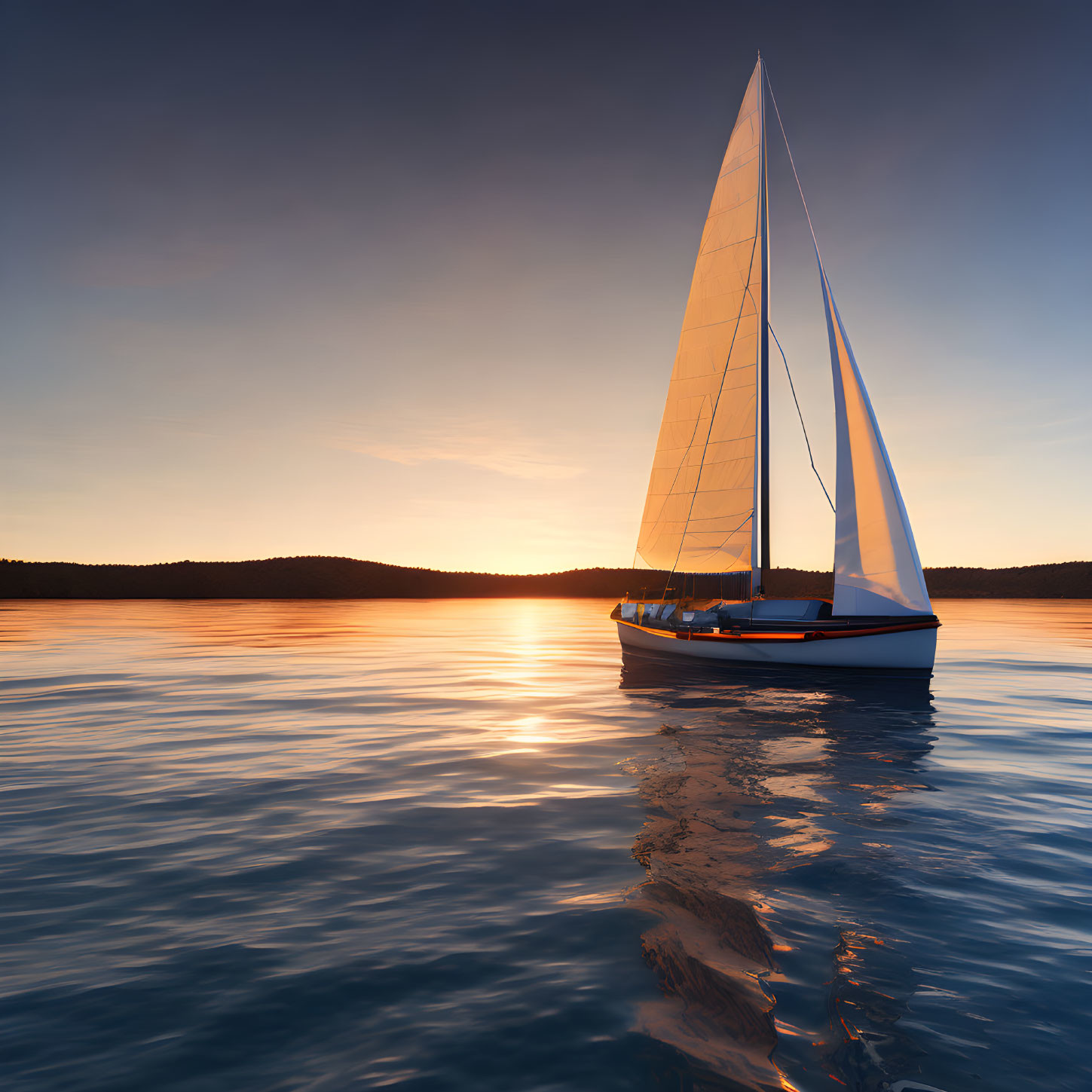 Sailboat on calm waters at sunset with reflections and clear sky gradating from orange to blue.