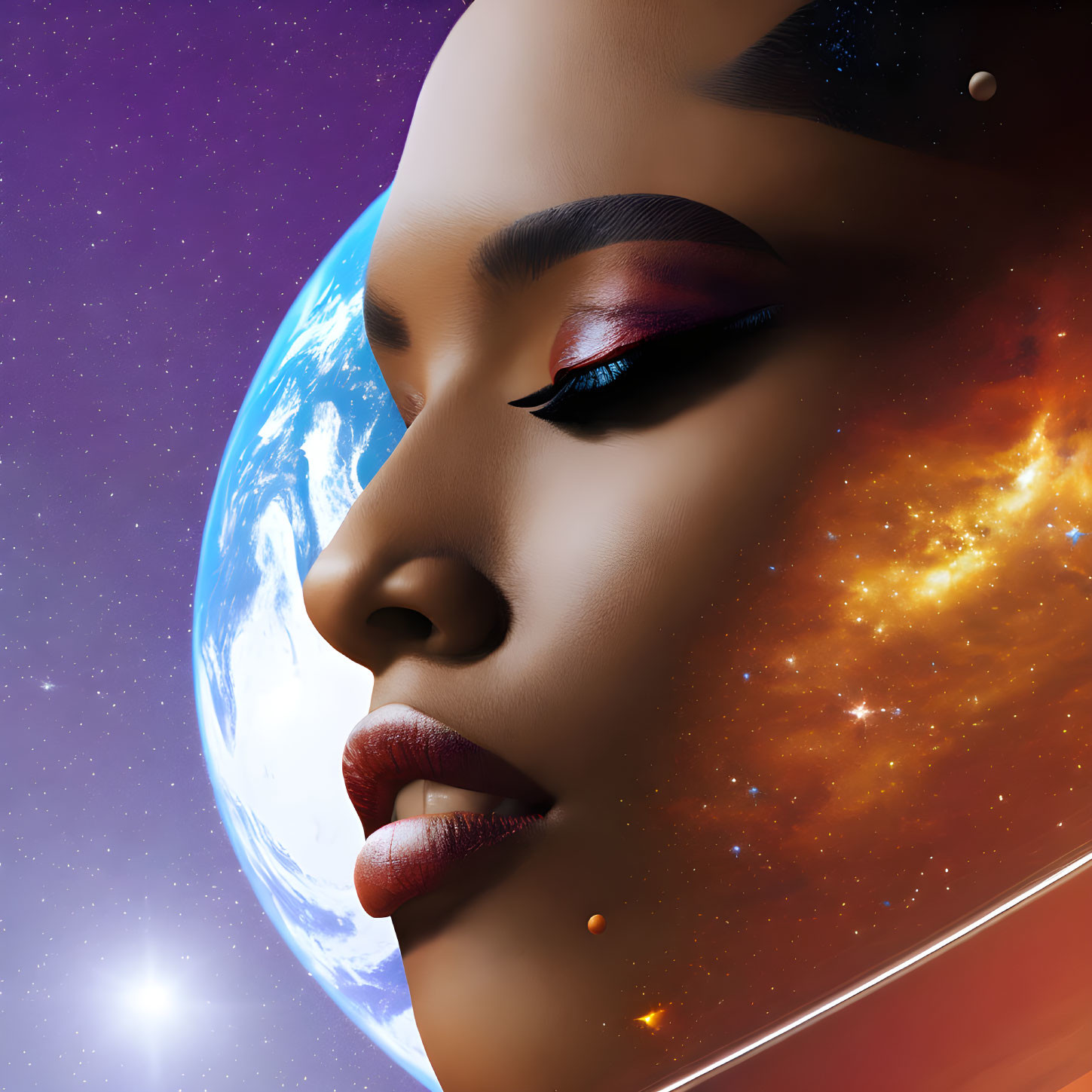 Surreal artwork: Woman's face merges with cosmic background