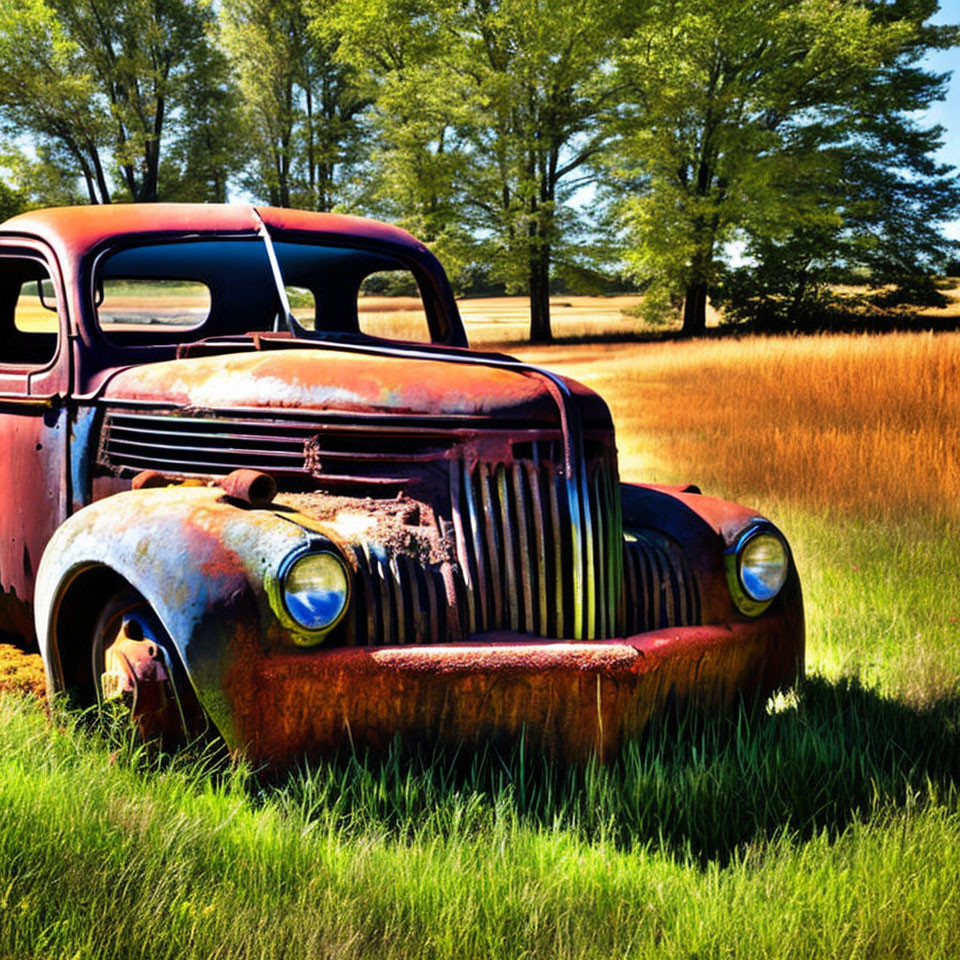 Rusted Vintage Truck in Sunny Field with Trees