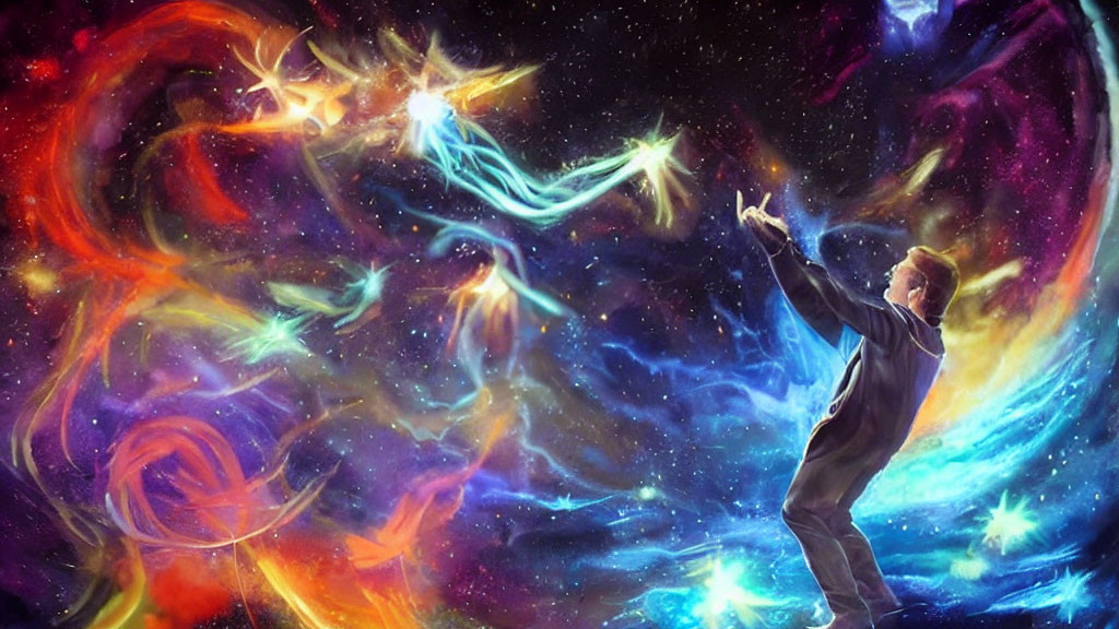 Man in suit reaches out to cosmic bird-like entities in deep space