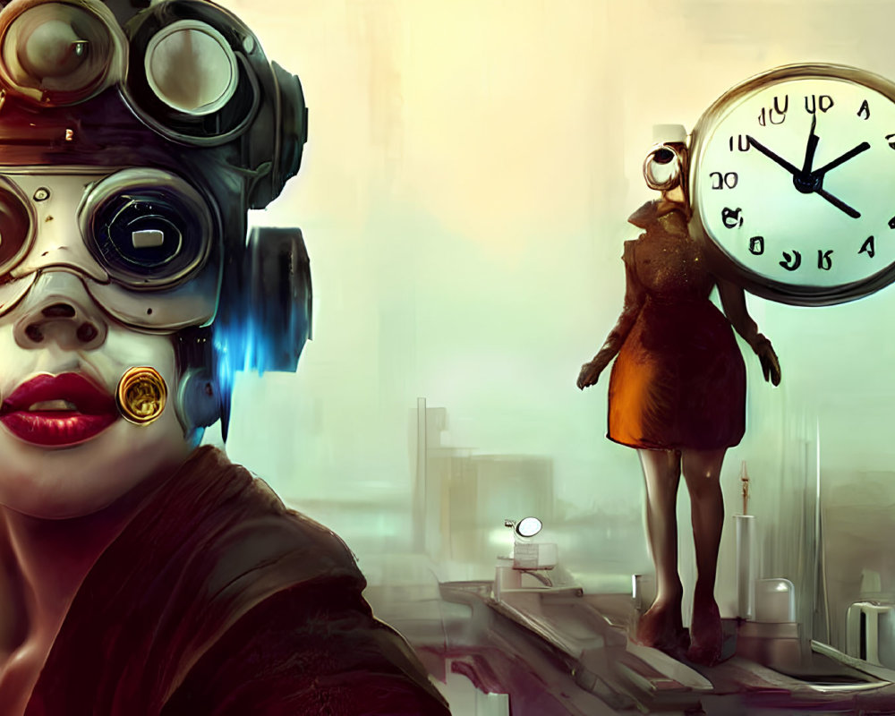 Surreal digital artwork: woman with steampunk goggles and clock-headed figure in industrial cityscape