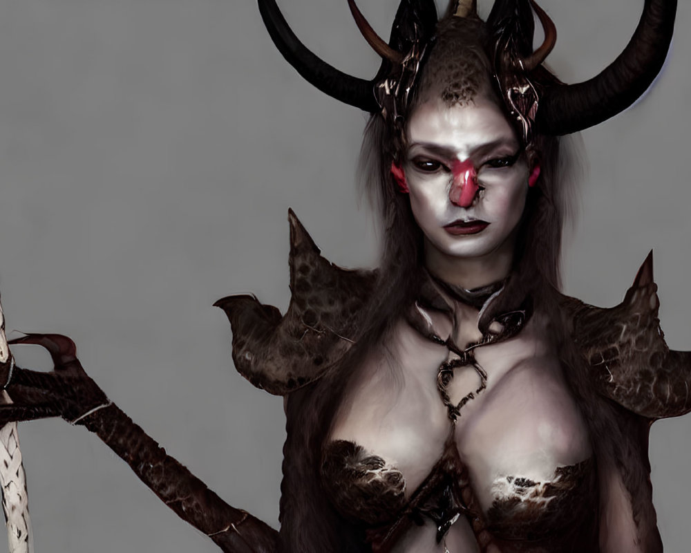 Dark fantasy makeup and costume with horns, holding a staff portrayal.