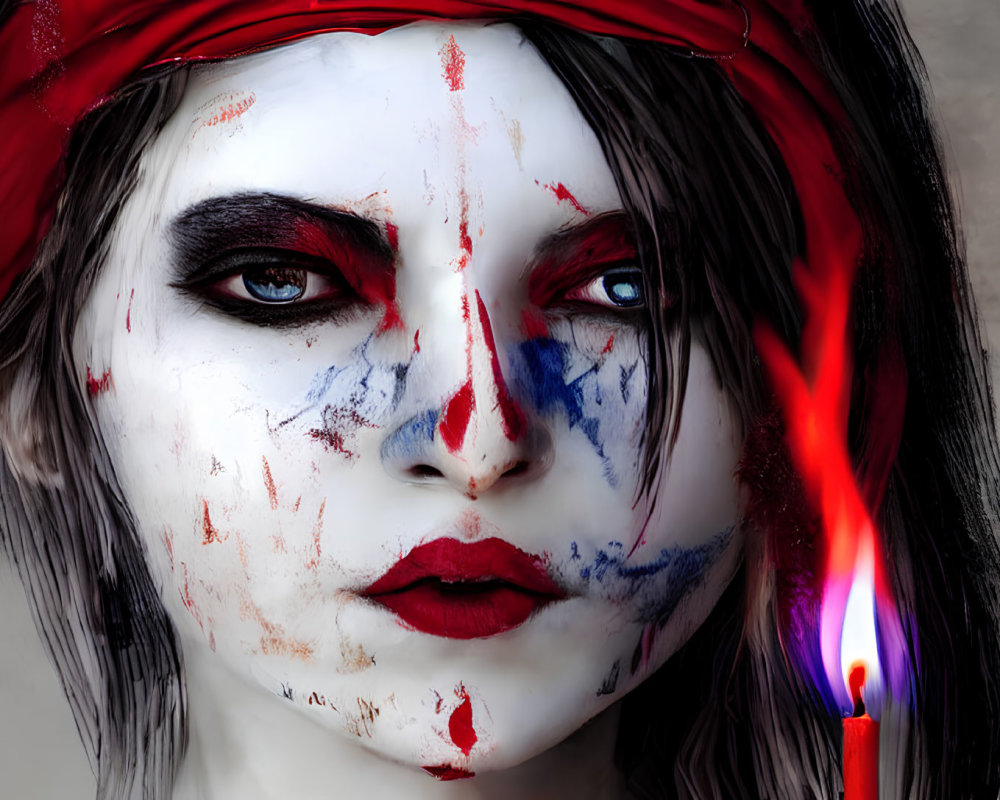 Intense makeup with red headband and splattered paint holding lit match