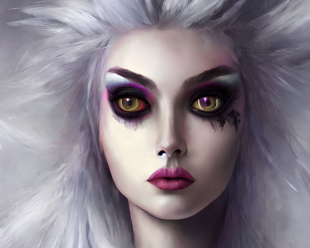 Portrait of a person with large yellow eyes, purple eyeshadow, red lips, and white fluffy