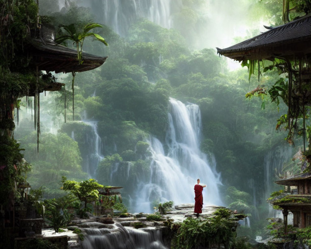 Person in red overlooking majestic waterfall and traditional buildings on cliff