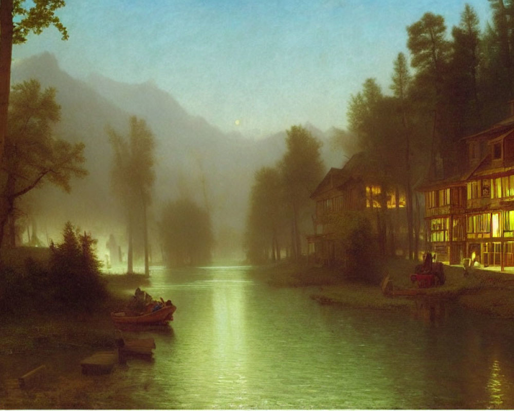 Moonlit river scene with rowboat, illuminated houses, and misty mountains.