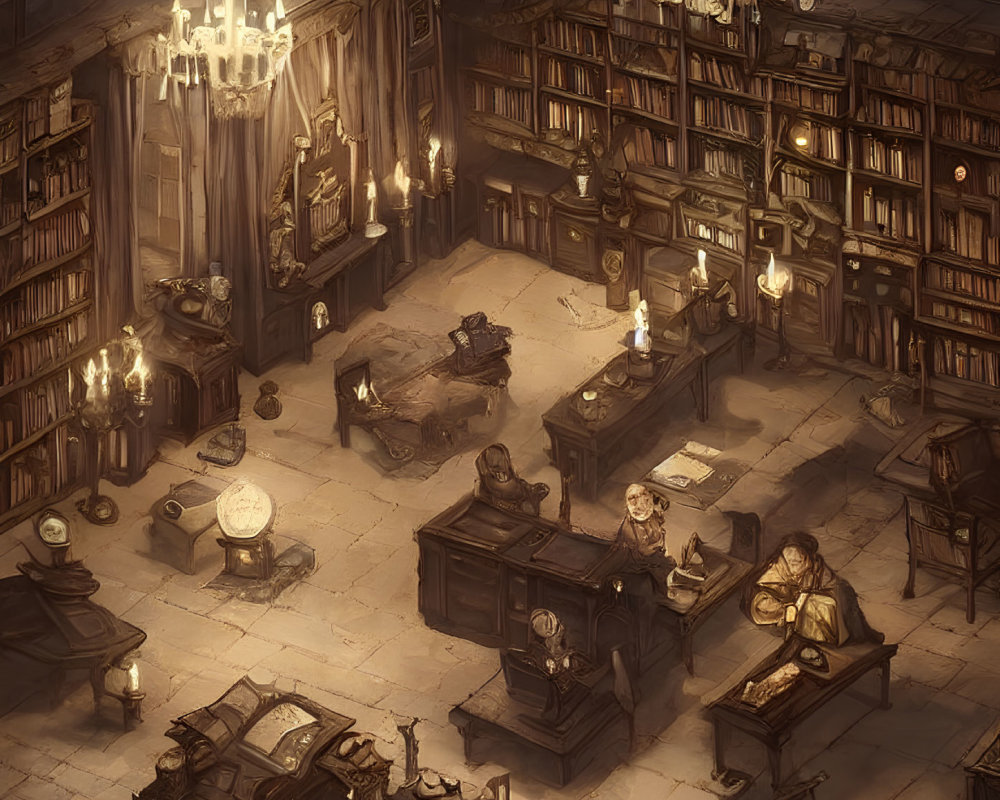 Vintage library with candlelight, bookshelves, globe, and scholars working.