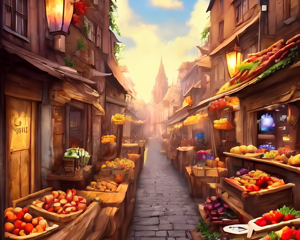 Charming cobblestone street with fruit stalls, lanterns, and quaint shops.