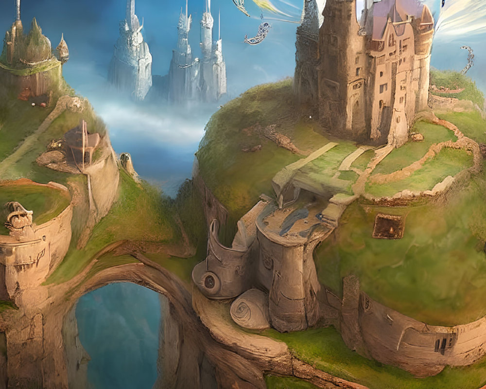 Fantasy Landscape with Flying Islands and Castles under Golden Sky