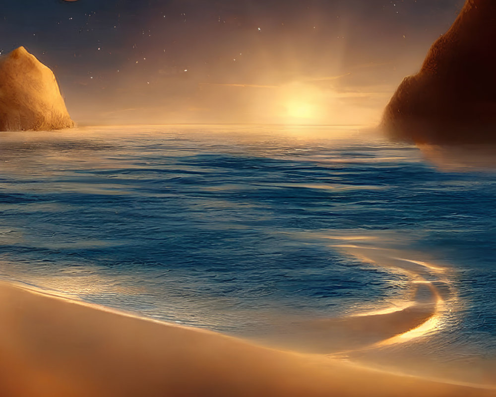 Serene beach with multiple moons and stars in otherworldly sky