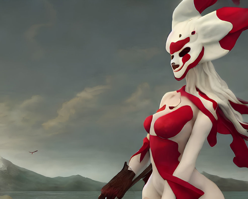 Mysterious figure in white and red mask by mountainous lakeside