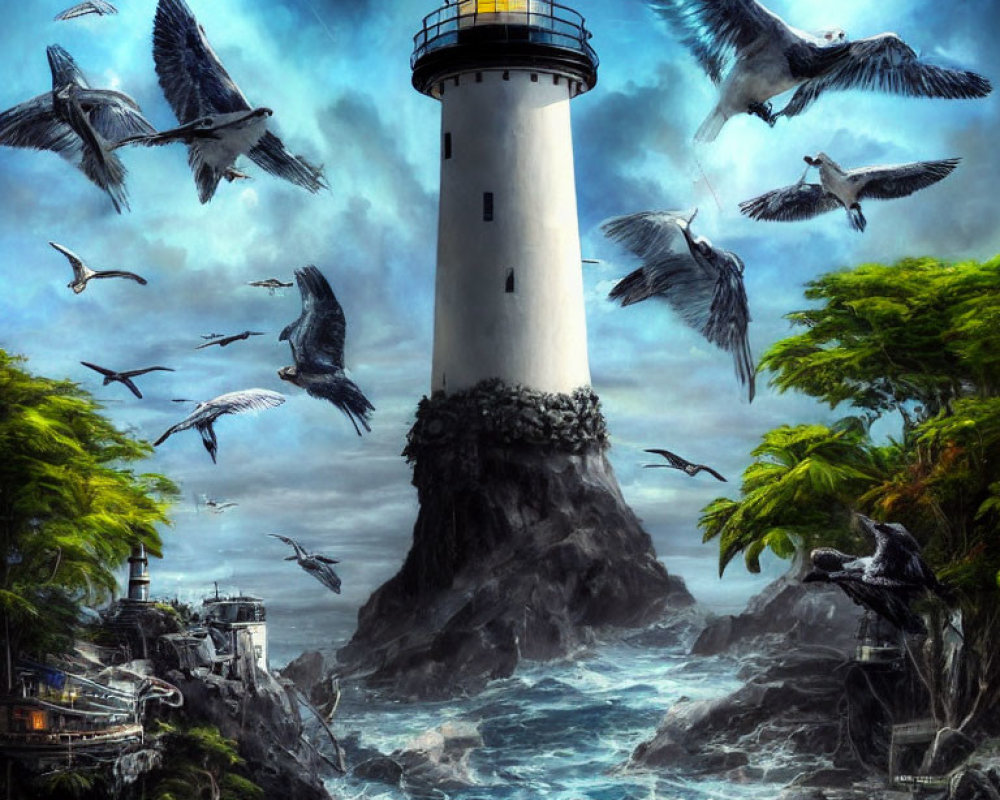 Towering Lighthouse on Rugged Island Amid Turbulent Seas