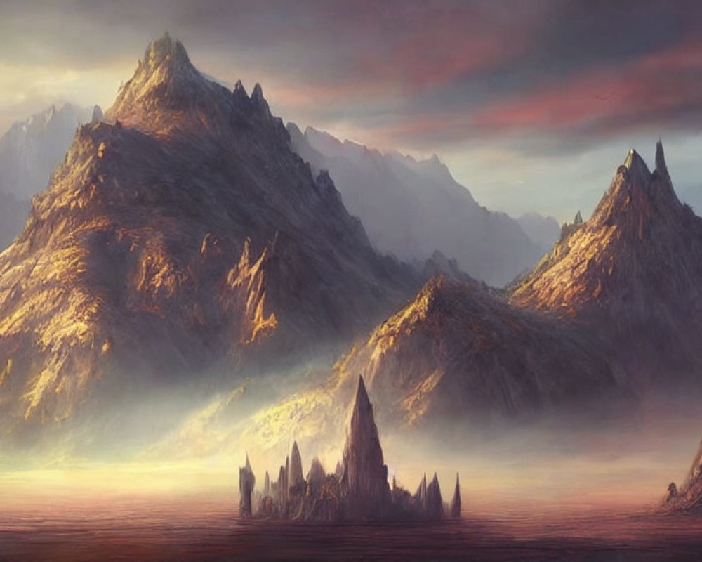 Sunlit mountains with castle under dramatic red and orange sky