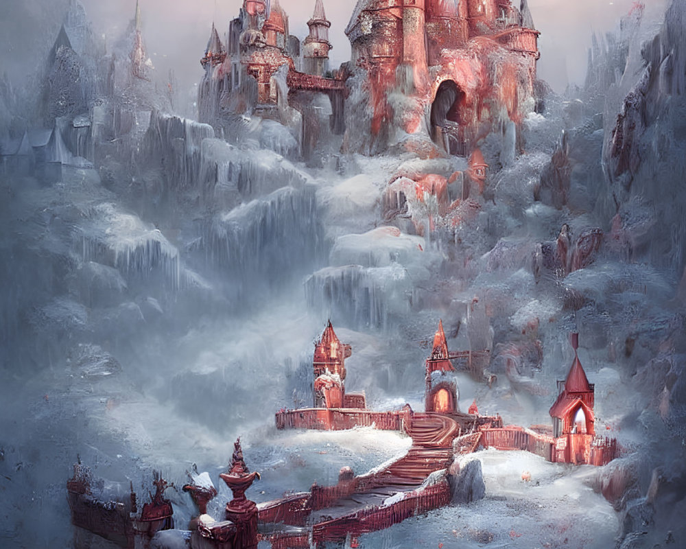Mystical frozen landscape with grand castle, icy cliffs, and stone bridge