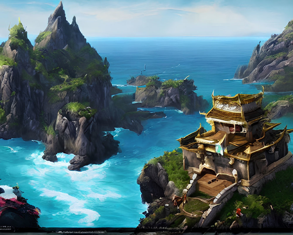Fantastical seaside landscape with East Asian-style pagoda
