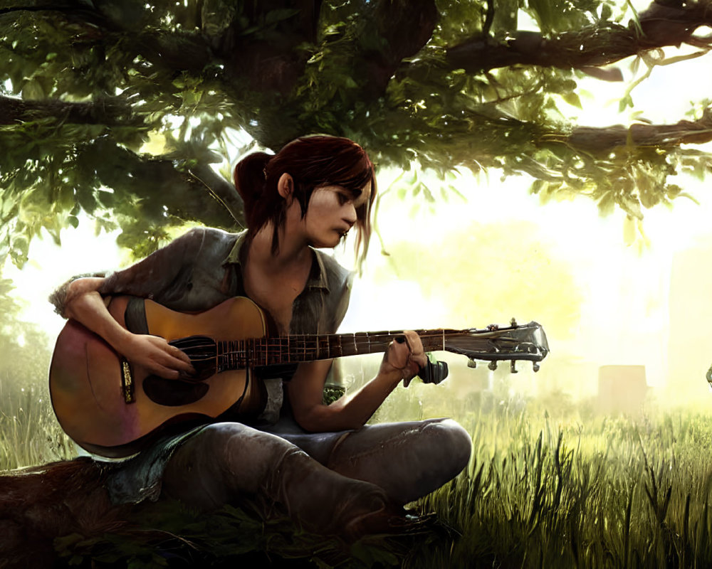 Woman playing guitar under tree with guard in distance