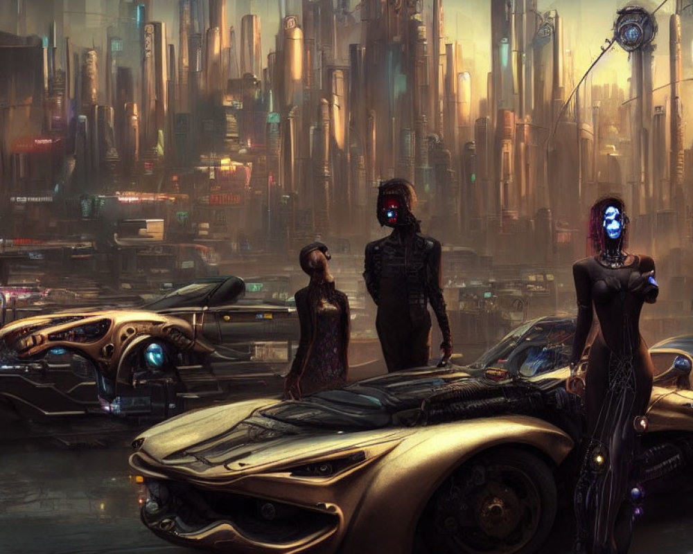 Three individuals with cyborgs beside sleek cars in futuristic city