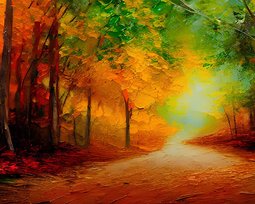 Colorful Autumn Forest with Path and Bright Light