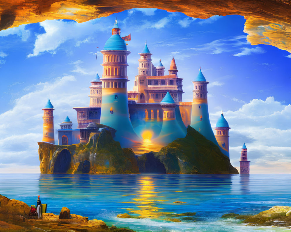 Majestic castle with towers on island at sunset from coastal cave