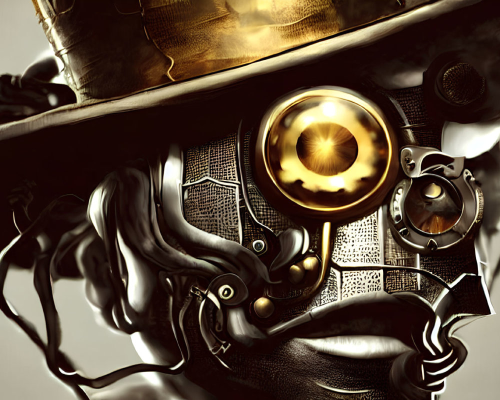 Steampunk-inspired figure with top hat and tentacle-like appendages on sepia backdrop