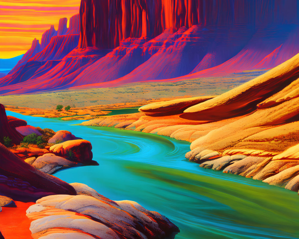 Digitally altered vibrant landscape with river in desert valley