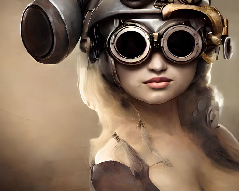Blonde person in steampunk goggles on sepia background
