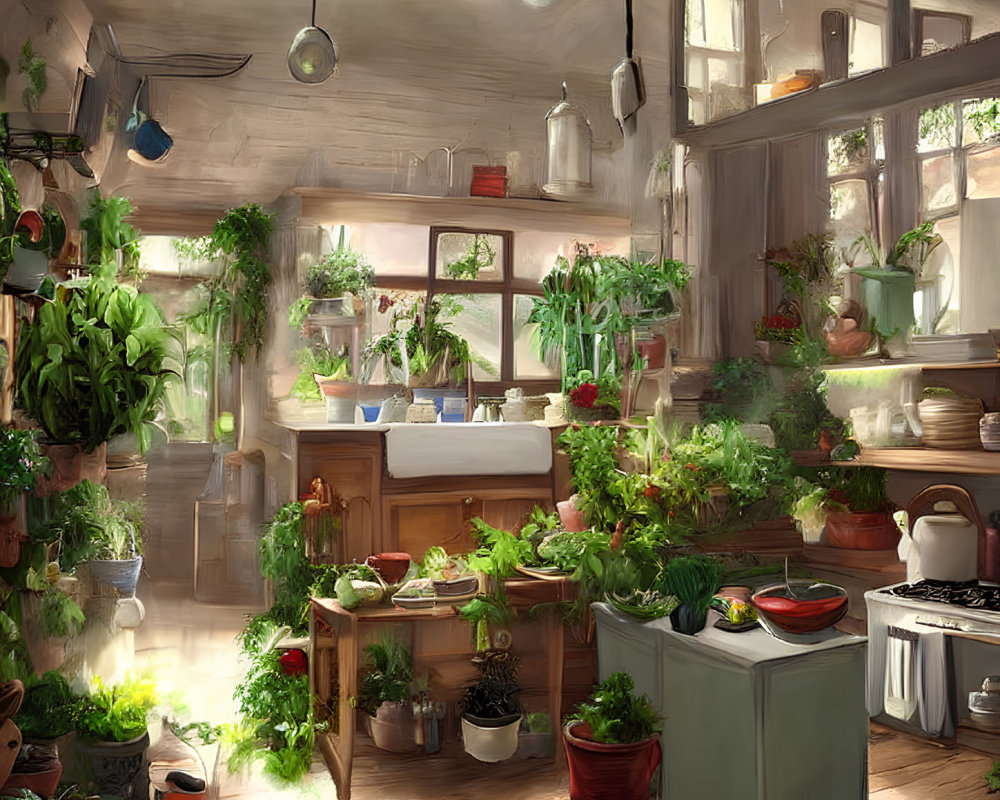 Sunlit rustic kitchen with lush green plants and vintage stove
