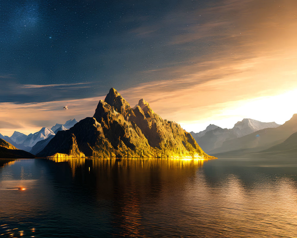 Mountainous lakeside at sunset with starry sky reflections