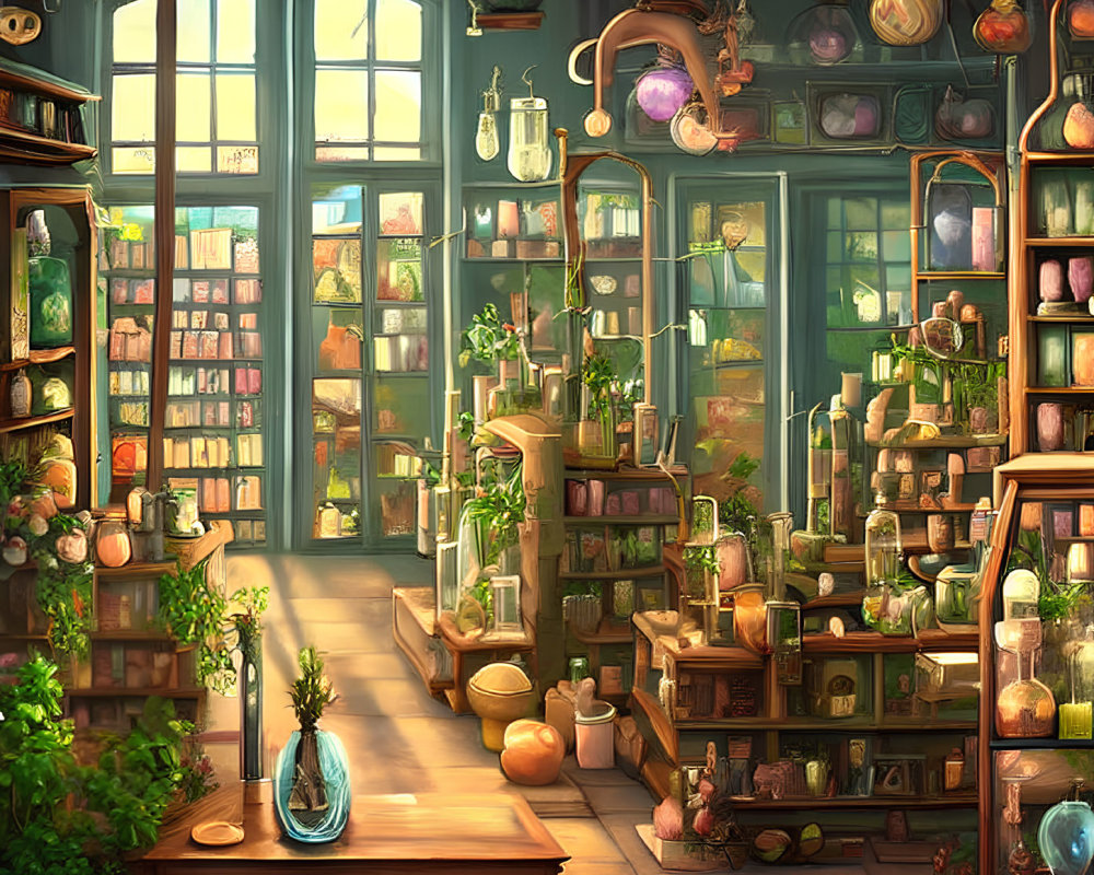 Warm, inviting apothecary interior with plants, bottles, books, and magical artifacts