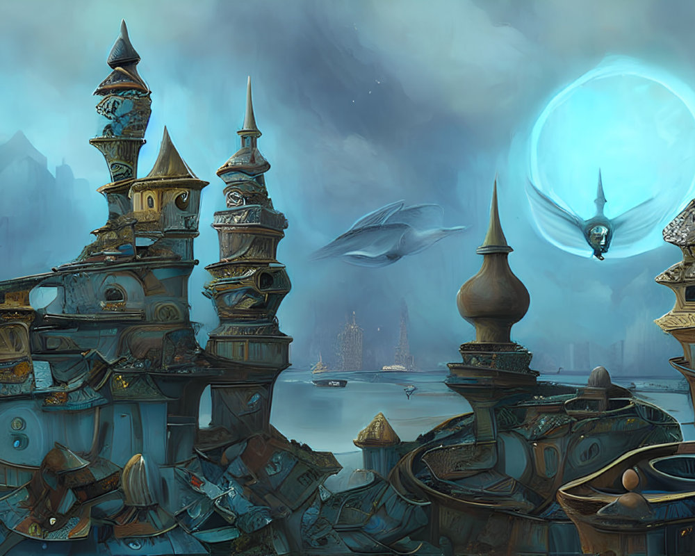 Fantasy cityscape with ornate spires, glowing orbs, and flying whales